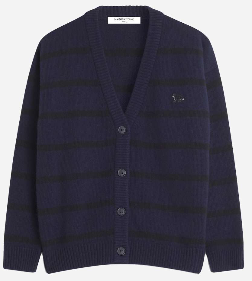 FESTIVE PEARLED PROFILE FOX PATCH STRIPPED CARDIGAN BLACK/INK BLUE