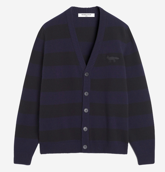 FESTIVE PROFILE FOX PATCH STRIPPED CARDIGAN BLACK/INK BLUE