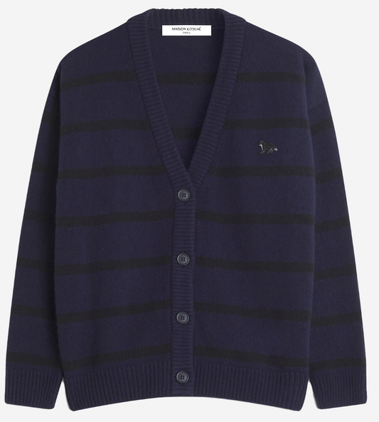 FESTIVE PEARLED PROFILE FOX PATCH STRIPPED CARDIGAN BLACK/INK BLUE